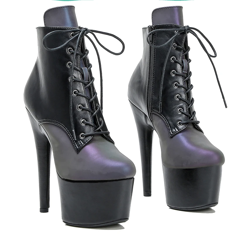 Leecabe 17CM/7Inches black platform with Shinny two colour upper High Heel platform Boots Closed toe  Pole Dance boot