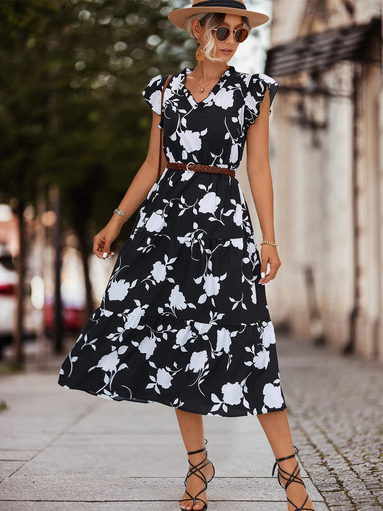 

Vintage Floral Boho Printed Vestidos Elegant Women Butterfly Sleeve V Neck Fashion Commuting Office A-Line Summer Beach Dresses
