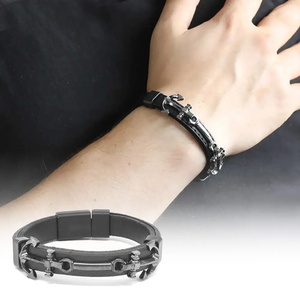 

Anchor Design Black Steel-leather Kombinli Male Bracelet