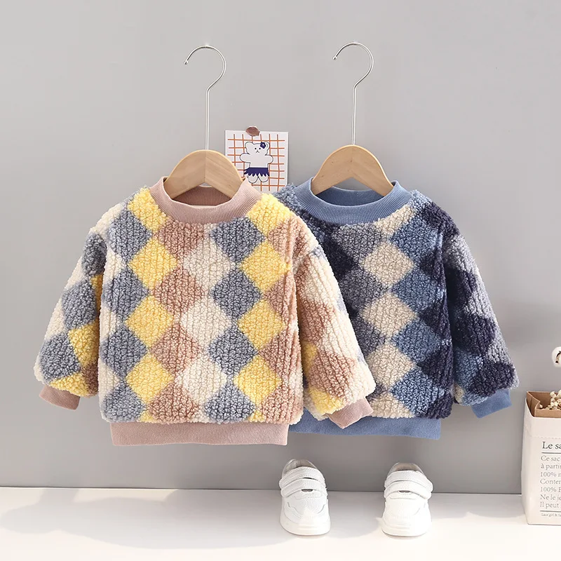 Весенне-осенний модный ромбовидный клетчатый плюшевый Топ для мальчиков Детский