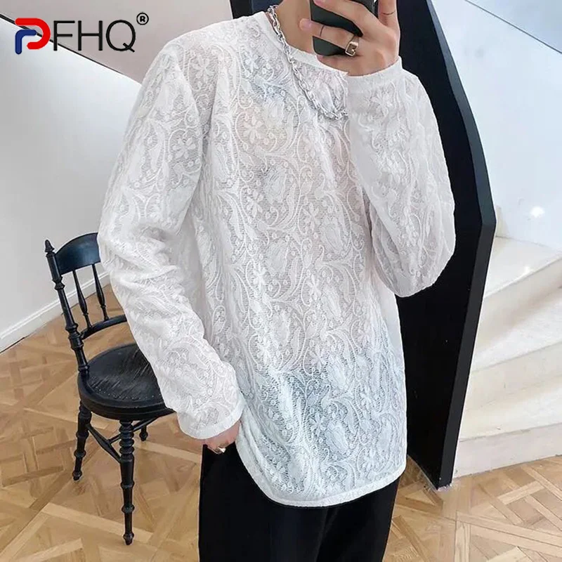 

PFHQ 2023 модная мужская элегантная полупрозрачная футболка с длинным рукавом с вырезами сексуальный нишевой дизайн тонкие прозрачные топы пуловер Новинка