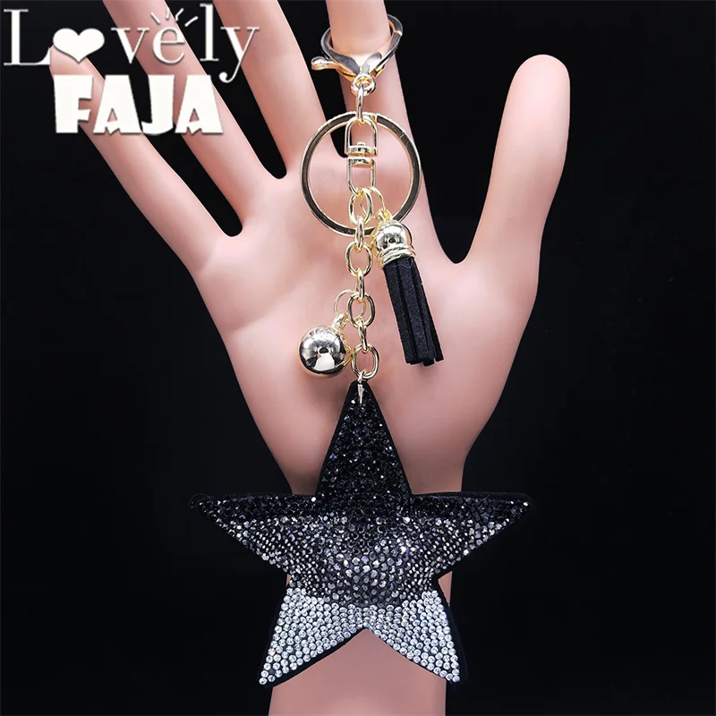 

Gothic Pentagram Rhinestone Bag Accessories Tassel Bell Women Gold Color Punk Key Chain Jewelry Gift llaveros para mujer KK01S03