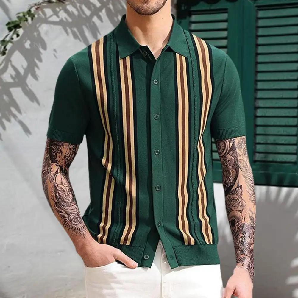 Knitted Sweater Mens Vintage Striped Shirt Fashion Casual Luxury Shirt Short Sleeve Hawaii Shirts For Men Blusas Camisa Masculin