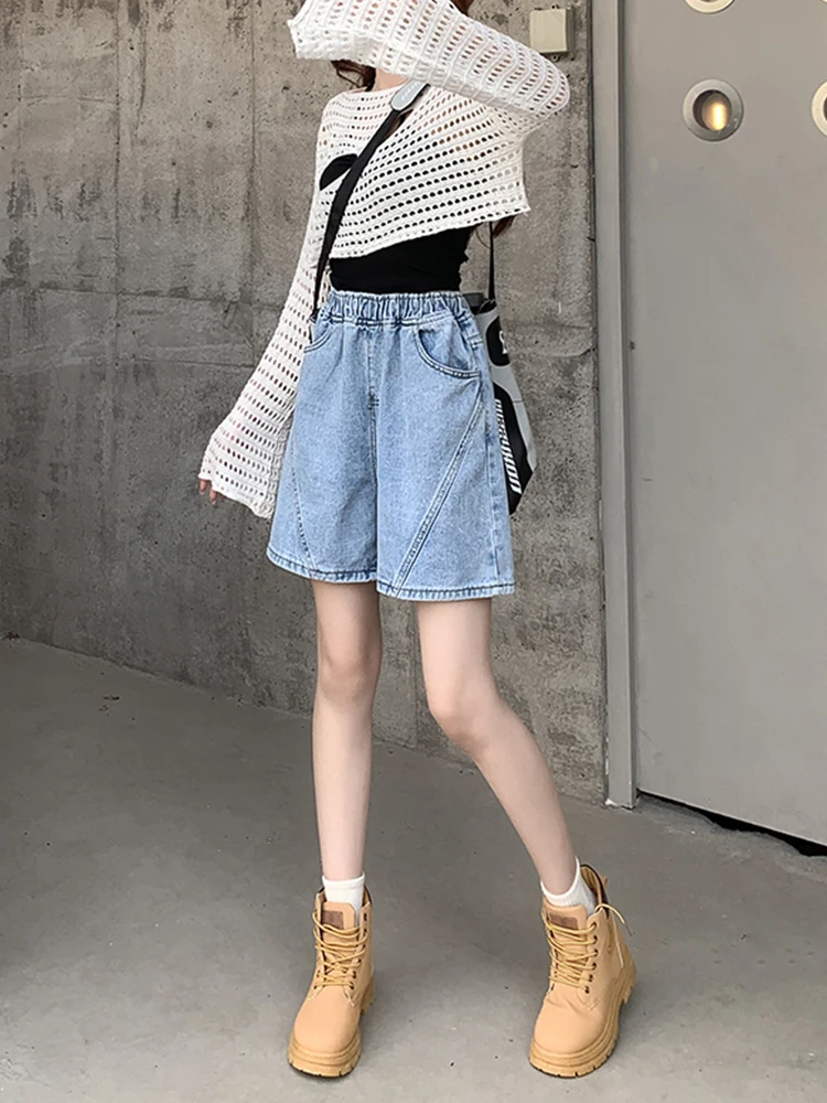 Streetwear Women Wide Leg Elastic Waist Retro Blue Denim Shorts Spring Summer Female Loose Jeans Shorts Bottoms