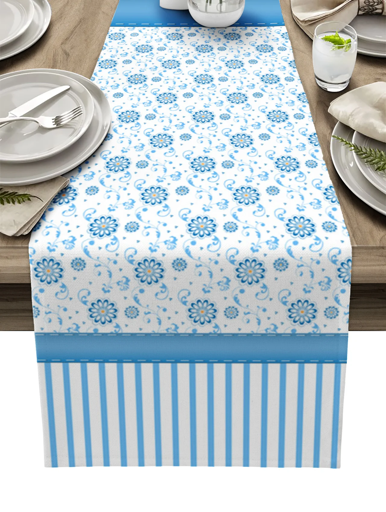 

Floral Texture Stripes Geometric Blue Table Runner Home Wedding Banquet Festival Party Hotel Table Decoration Table Cover