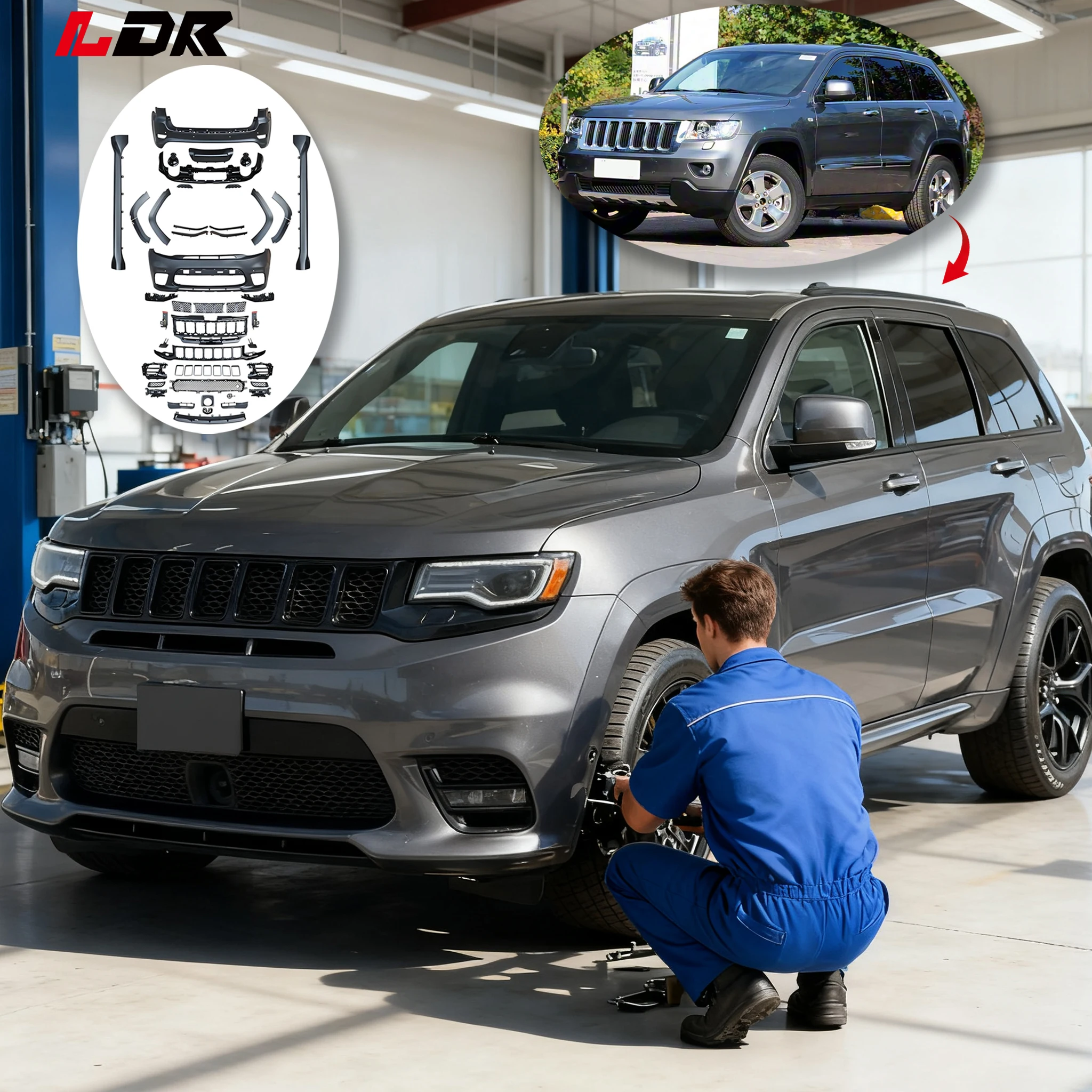 Фото Комплект кузова для Grand Cherokee 2011-2017 Facelift to 2018-2020 SRT Style Upgrade Детали с решеткой бампера капота Plug and Play №1