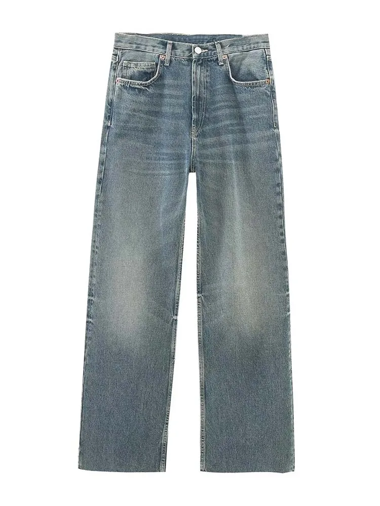 

RDMQ 2023 Women Fashion Pockets Straight Jeans Vintage High Waist Zipper Fly Denim Pants Wide Leg Female Trousers Mujer