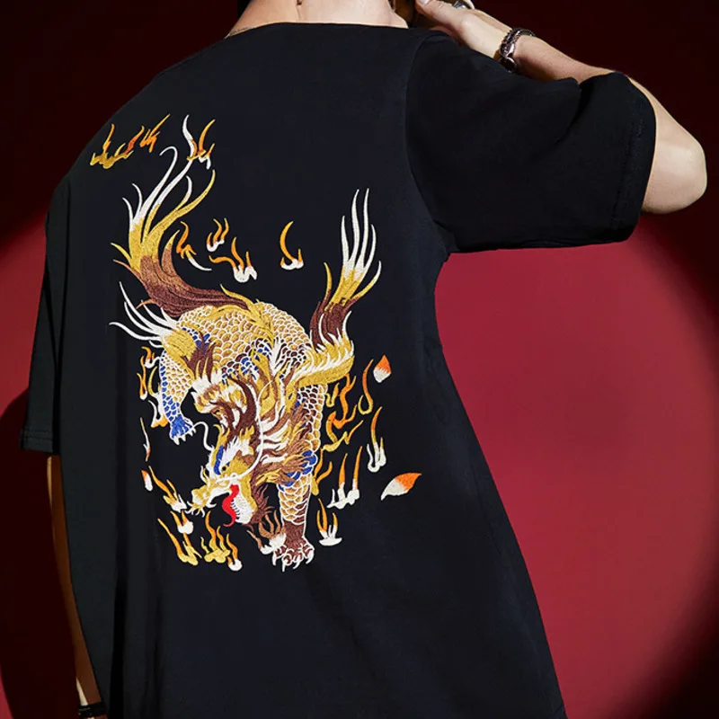 Тяжелая промышленная Вышивка футболка с рисунком кирина мужской трендовый