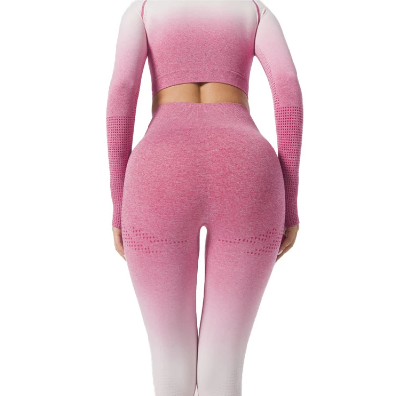 Gradient Long-sleeved Yoga Suit Fitness Running Dot Jacquard Sports Breathable High Waist Buttocks Seamless Yoga Pants Suit
