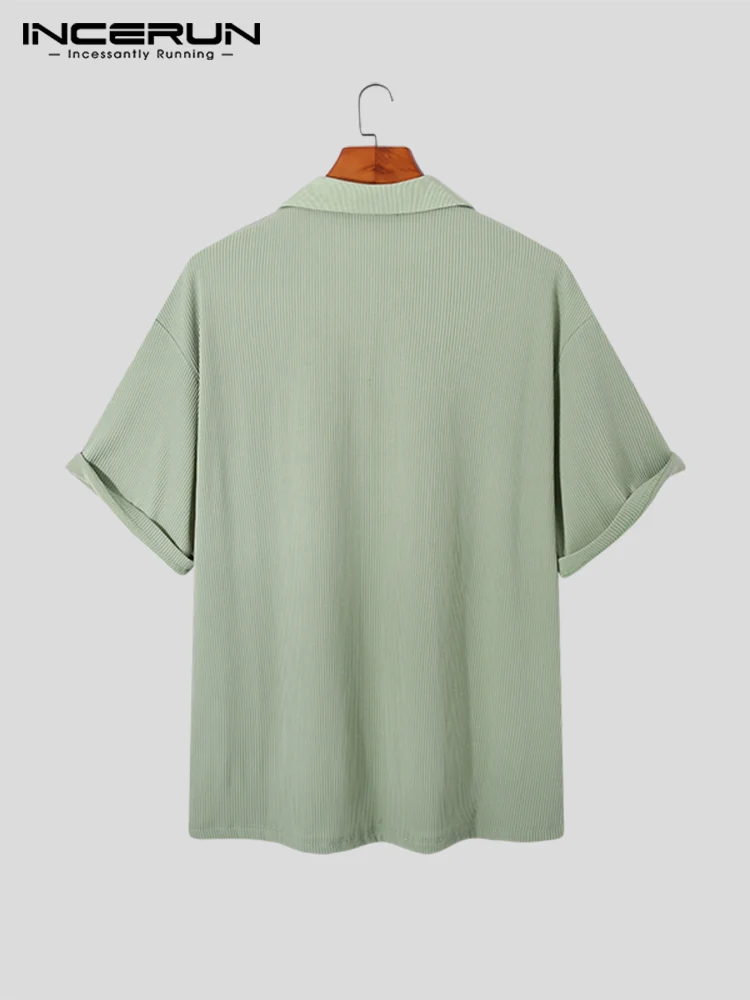 Fashionable New Men Pleated Casual Tops INCERUN Handsome Male Simple Solid Color Blouse Short Sleeve Lapel Pullover Shirts S-5XL