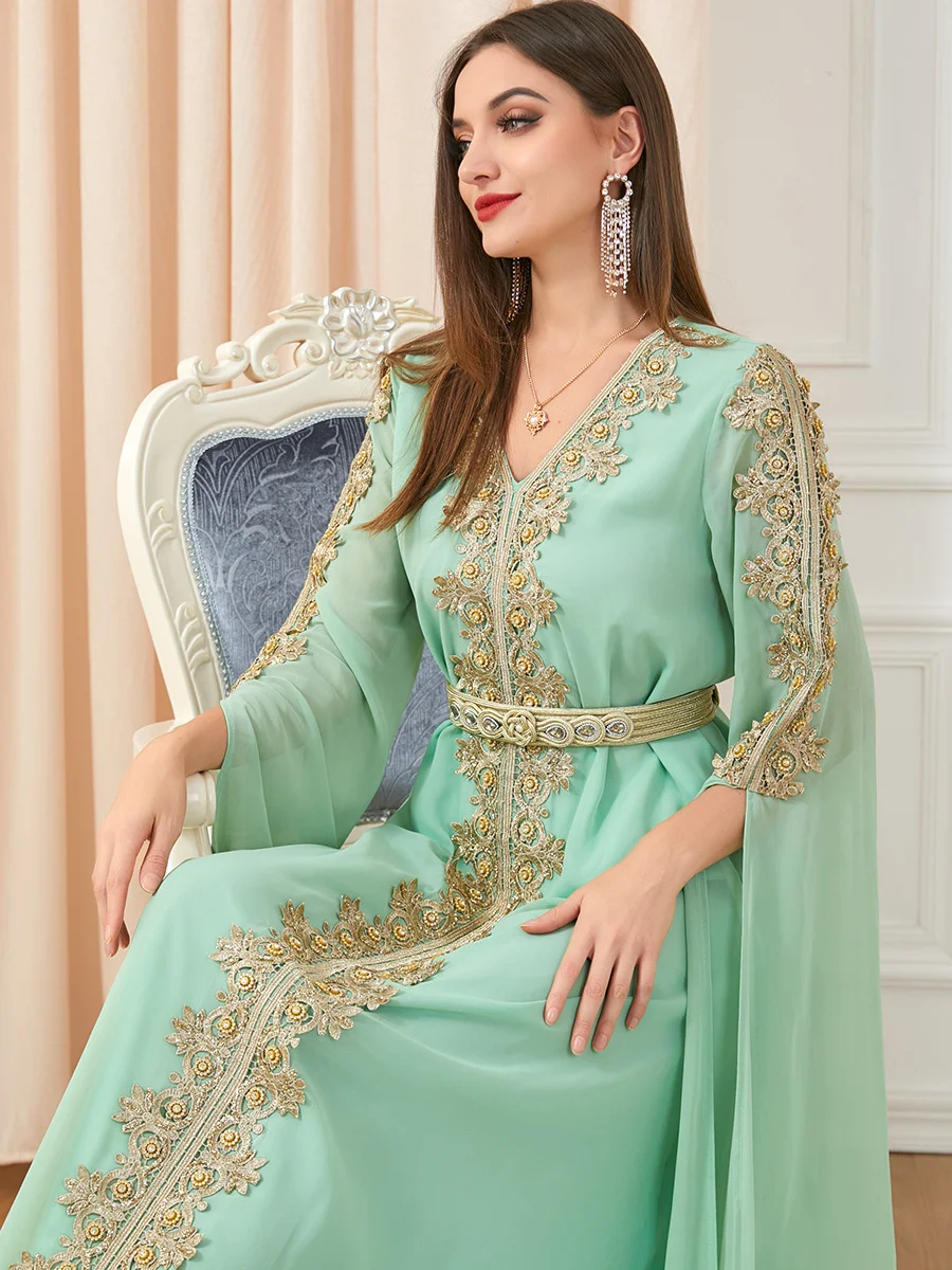 Muslim Women V-neck Dress Abaya Party Dresses Long Sleeve Abayas Middle East Dubai Turkey Islam Kaftan Robe Longue Vestidos Eid