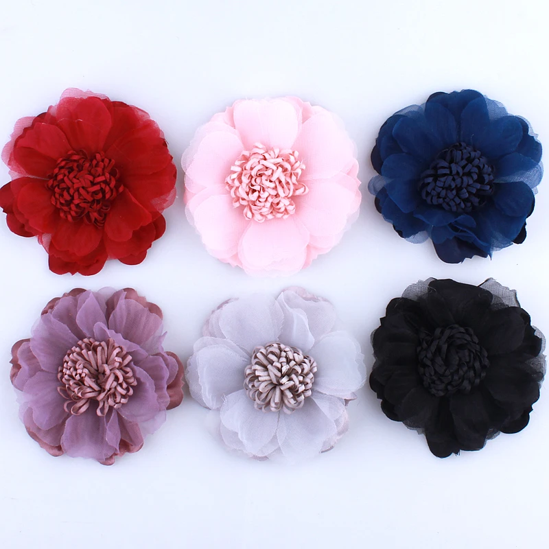 

100Pcs 9cm 3.5inch Tulle Silk Artificial Fabric Flowers Match Tissue Stamen for Wedding Dress Hats Shoes Decoration Hair