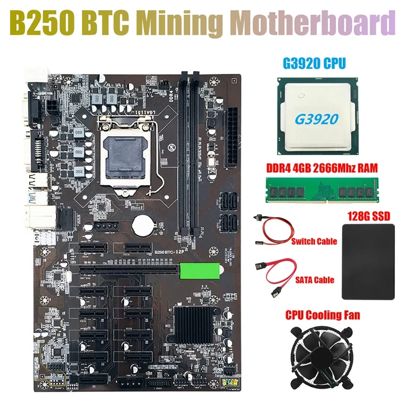 

Материнская плата для майнинга B250 BTC с ЦП G3920 или G3930 + вентилятор + DDR4 4 Гб 2666 МГц ОЗУ + 128G SSD + кабель SATA + кабель переключателя 12x графический сло...