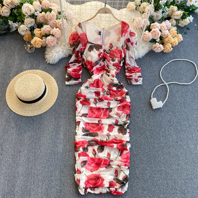 

Bohemian Women Flower Printed Pleated Bodycon Dress Female Elegant High Waist Draped Vestidos Spring Autumn Lady Robe Fashion