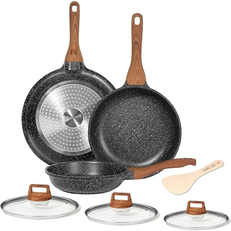 

ESLITE LIFE Frying Pan Set with Lids Nonstick Skillet Set Egg Omelette Pans, Granite Coating Cookware Compatible