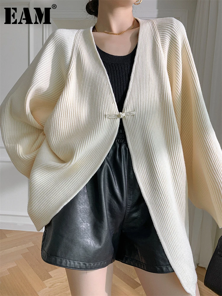 

[EAM] Apricot Big Size Knitting Cardigan Sweater Loose Fit V-Neck Long Sleeve Women New Fashion Tide Autumn Winter 2023 1DF0451