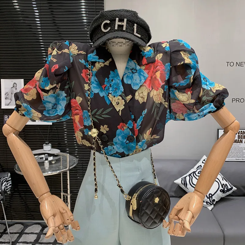 

Suit collar color shirt 2023 summer new fashionable loose versatile lantern sleeve floral top blouses