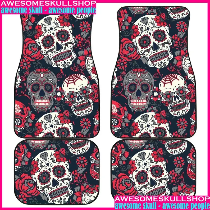 

Set 4 pcs Sugar skull pattern Mexican skull day of the dead dia de los muertos skeleton calaveras skull car mat, skull car acces