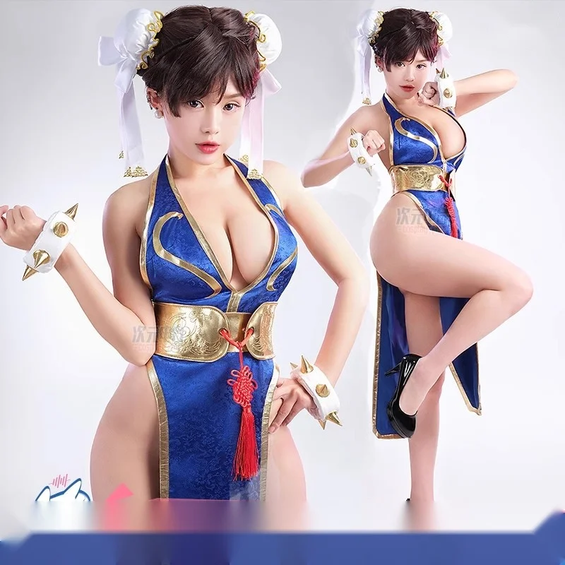 

Fighting Game SF Chun-Li Cosplay Costumes Sexy Cheongsam Combat Uniform Women Dress Qipao Wig Headwear Earring Halloween Suit
