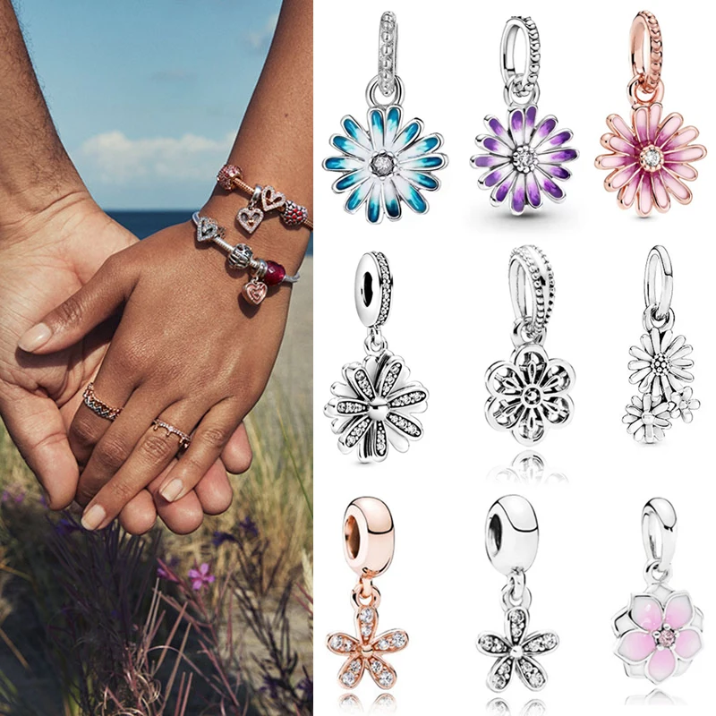 

100% 925 Sterling Silver Charm New Sparkle Revolving Daisy Pendant Fit Pandora Women Bracelet & Necklace Diy Jewelry