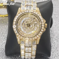 missfox new full baguette diamond men watches luxury 18k gold original automatic date quartz watch luminous waterproof aaa clock