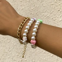lacteo 3pcsset fashion imitation pearls chain bracelets for women men trendy flowers heart decor bracelet hand jewelry gifts