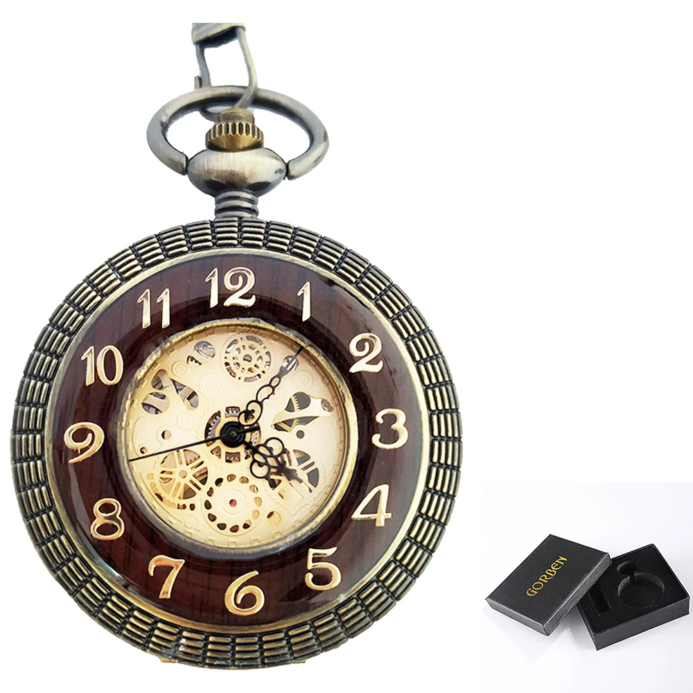 Bronze Retro Mechanical Pocket Watches Unique Wood Circel Gear Dial Men Engraved Fob Hand Wind Steampunk Clock Women Box reloj