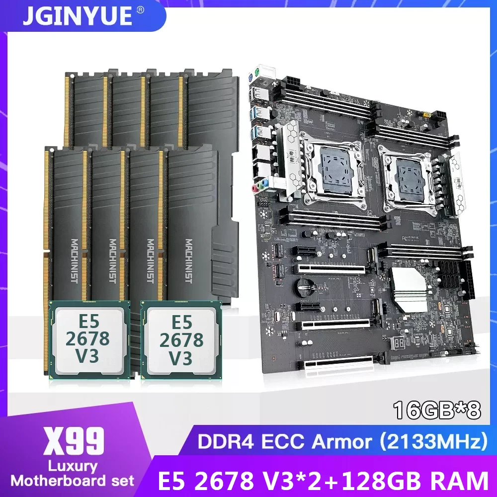 

JGINYUE X99-D8 Motherboard LGA 2011-3 Dual CPU Kit Set With Xeon E5 2678 V3*2 Processor 128GB=16G*8 DDR4 ECC RAM Eight-Channels