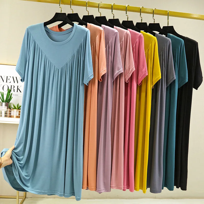 Modal Nightgown Women Summer Pleated Thin O-neck Loose Large Size Casual Short Sleeve Night Dress Home Female Long Dress