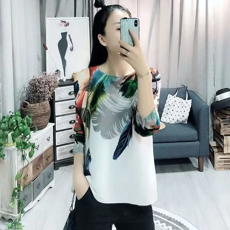 

Blouse Loose Casual Three-quarter Sleeves Pleated Women's 2021 Summer New Fashion Prints Age-reducing and Slimming Tops Female