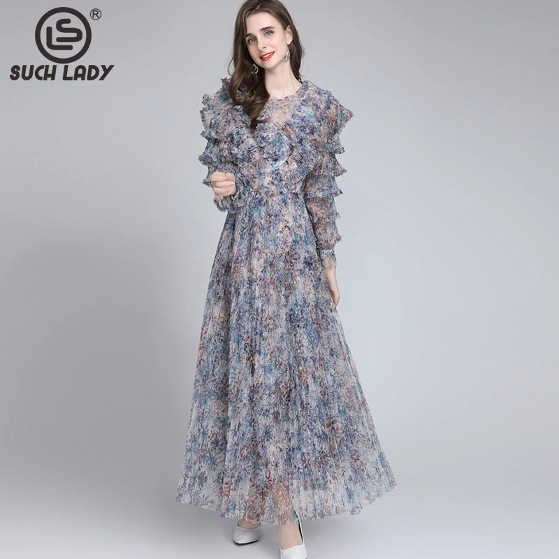 

Женское модельное платье с круглым вырезом, длинным рукавом и оборками, плиссированное модное дизайнерское платье для выпускного вечера