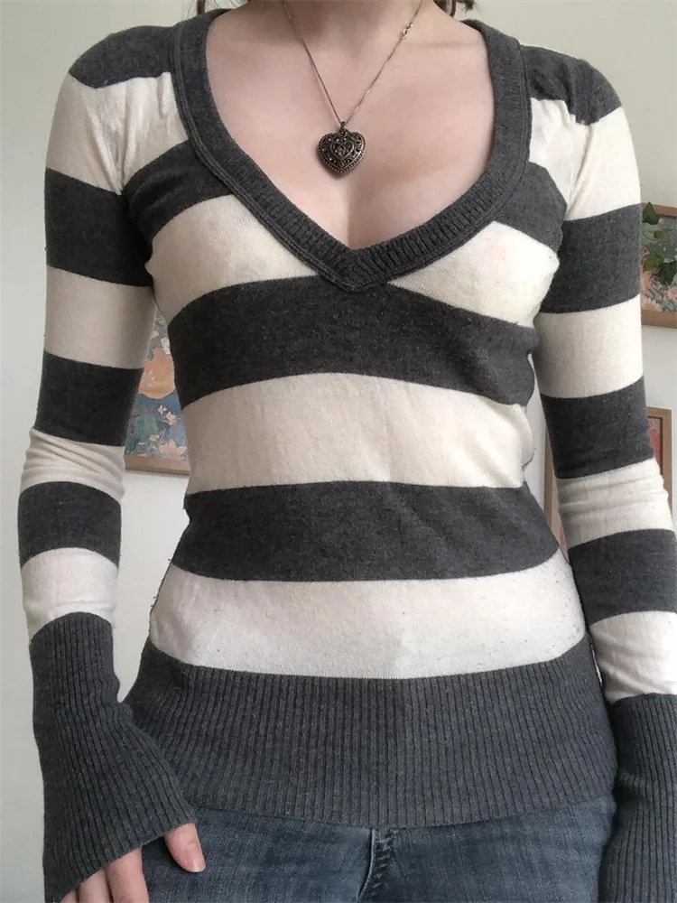 

Fairy Vintage Striped Knitted Pullovers Top Women Grunge Harajuku Aesthetic Fall Winter V-Neck Sweaters Jumpers 2022 Clothes