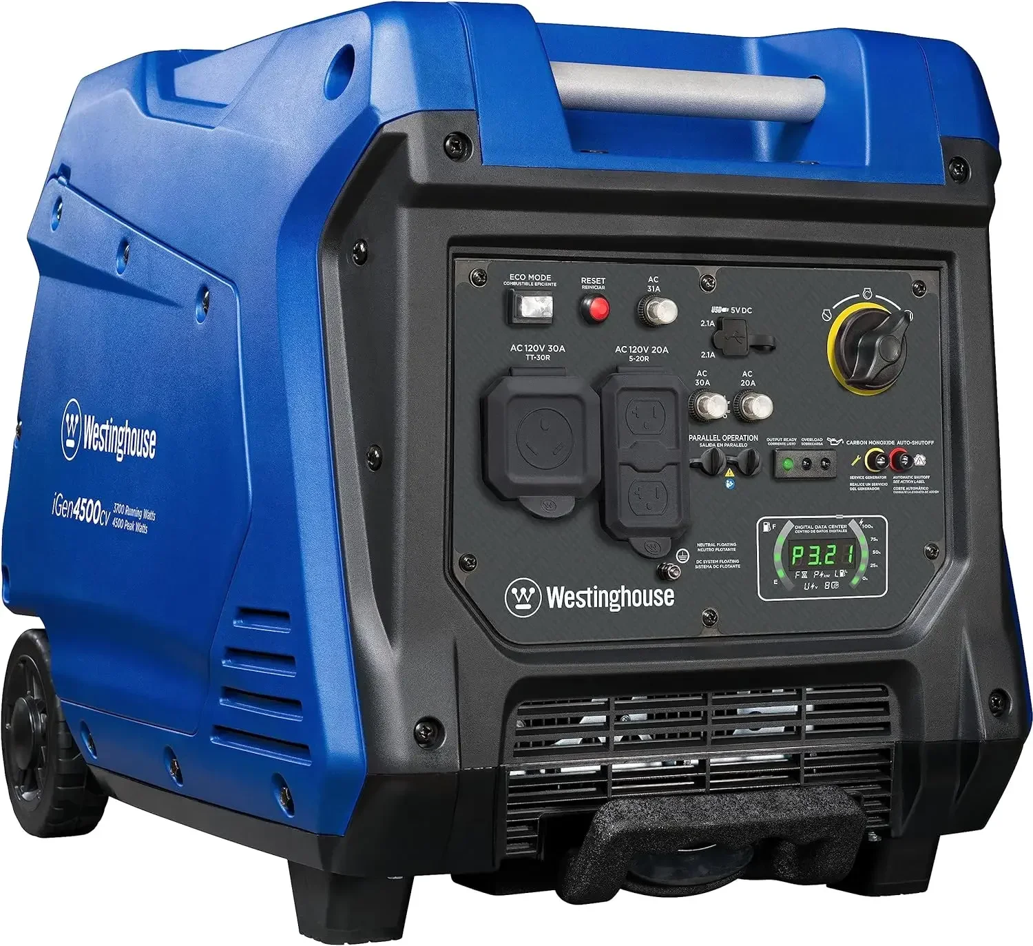 

Westinghouse Outdoor Power Equipment 4500 Peak Watt Super Inverter Generator,RV Ready 30A Outlet, Gas Powered, CO Sensor