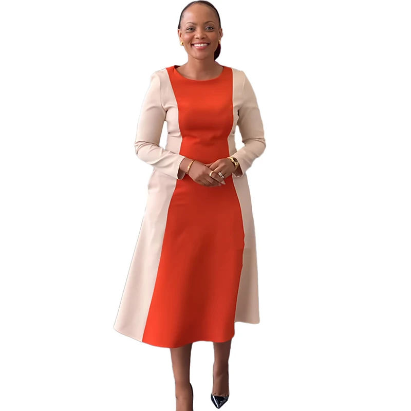 

Long African Dresses Women O Neck Full Sleeve Mid Calf Length Robes Fashion New Patchwork Elegant Office Lady African Dress 2023
