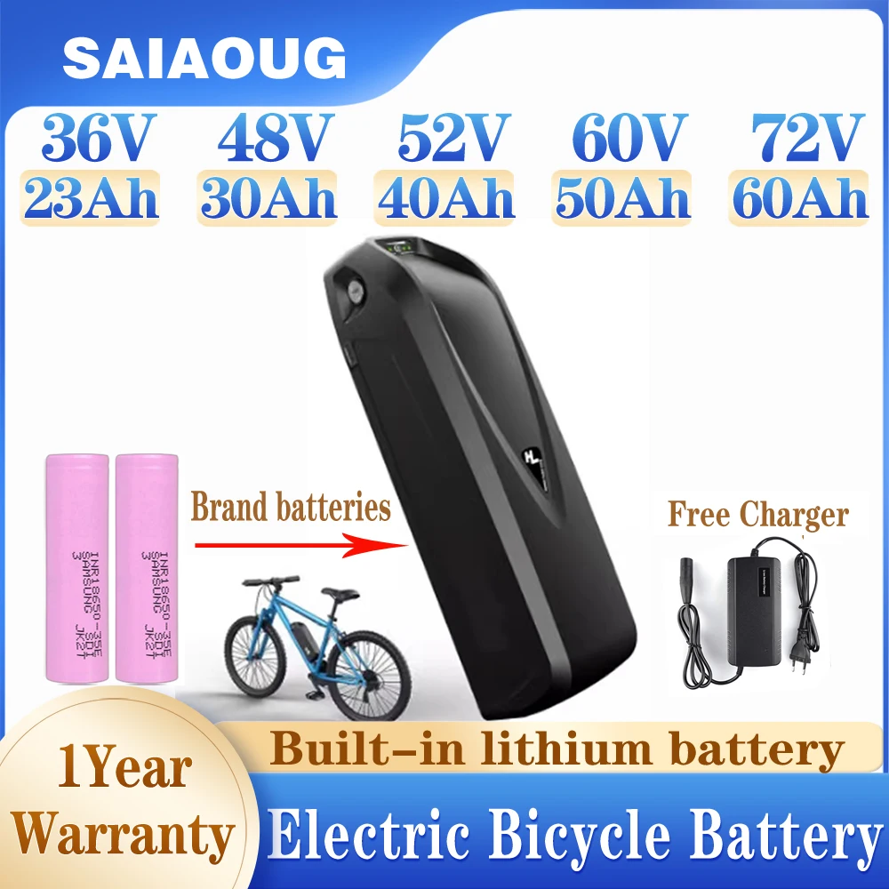 

Литиевая аккумуляторная батарея Hailong для электрического велосипеда, 48 В, 52 в, 36 В, 60 в, 18650 ячеек, pack72в, 60 ач, 3000 Вт