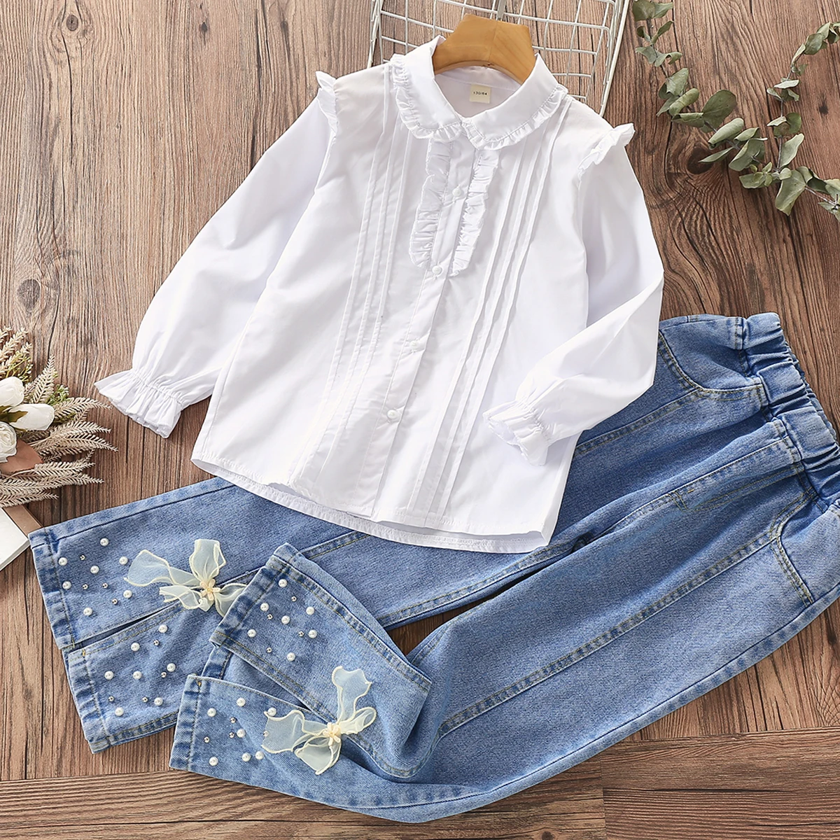 

Clothes for Teenagers Children Clothing sets White Blouses & Jeans Suit for Girls Spring Cute Baby Kids clothes 4 -14 Y