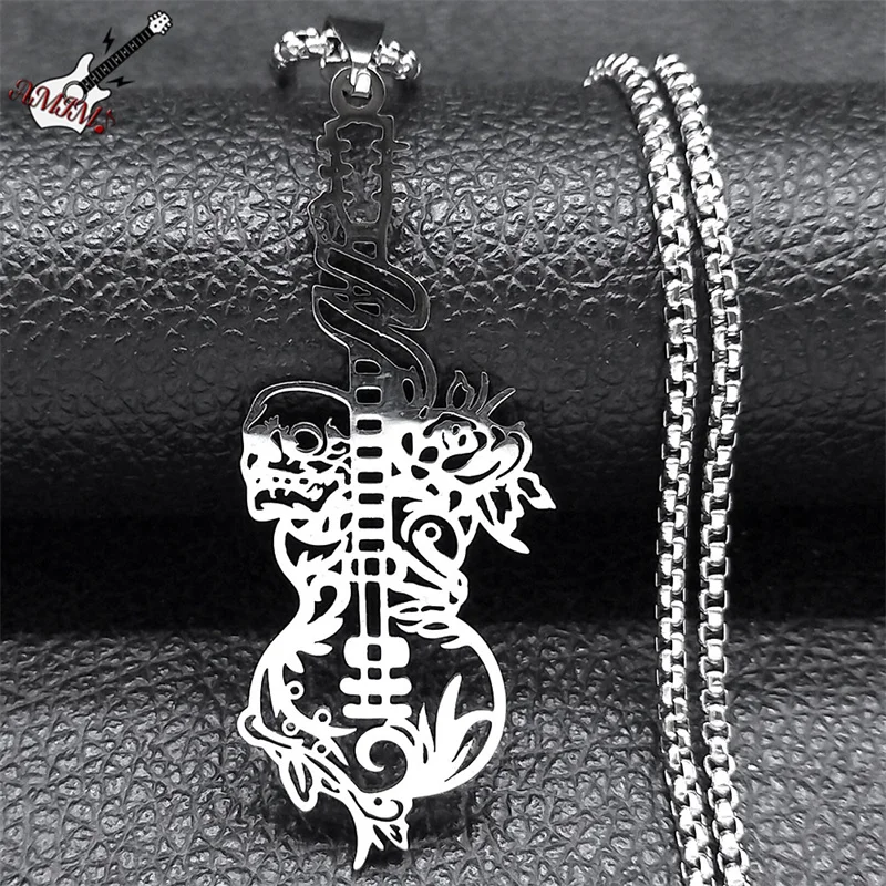 Рок-гитара череп цветок музыкальное ожерелье для женщин и мужчин нержавеющая