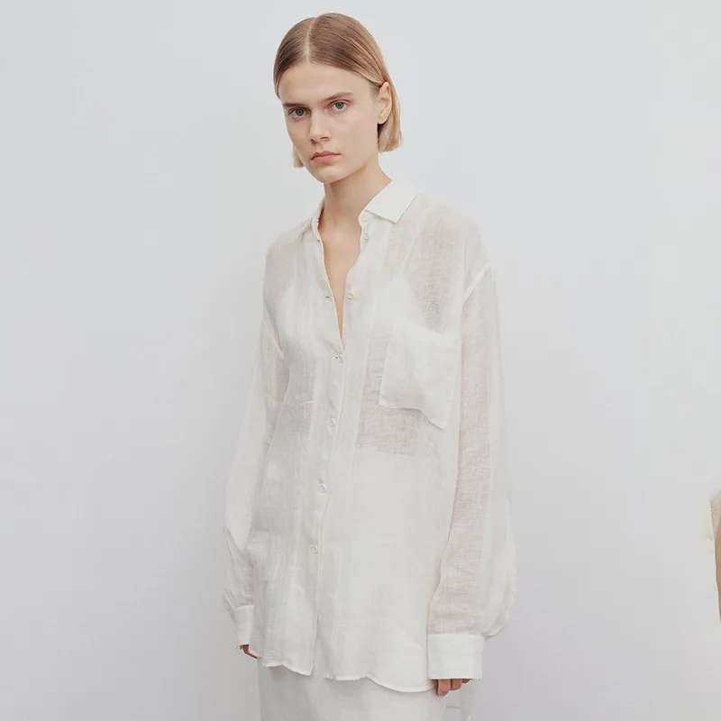 

TheR0w Spring/Summer Shirt Women Minimalist Linen Shirt Womens Leisure Tops Classic Basic Loose Blouses Shirts Half Skirt Set