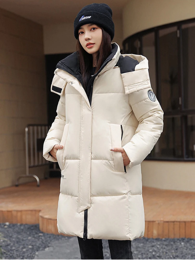 

2023 Зимние Пуховые Пальто с хлопковой подкладкой с капюшоном, Женская Длинная зимняя парка, свободная размера плюс 3XL, женская теплая верхняя одежда