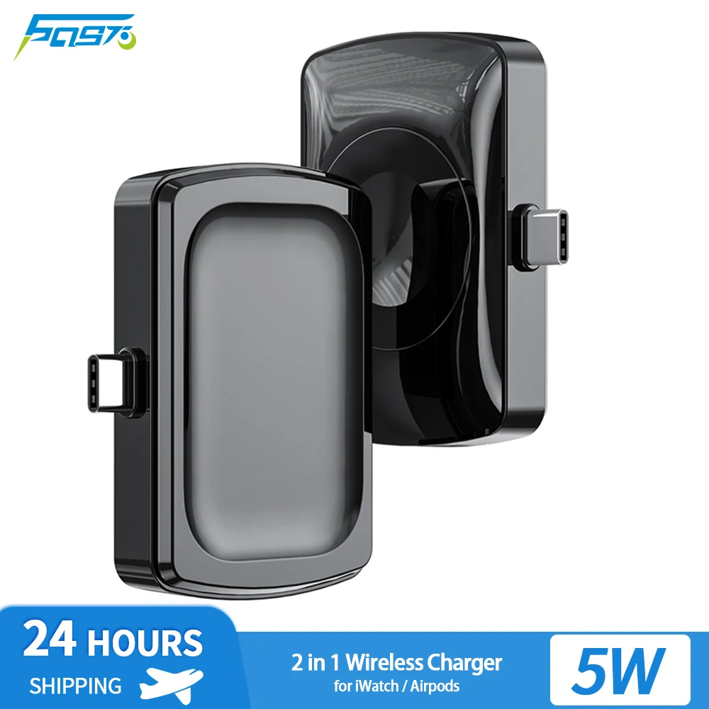 

5W Black Portable Wireless Charger Pad 2 in 1 Type C Port Charger Fast Charging Apple Watch Phone Mount for iWatch Airpods 3 Pro
