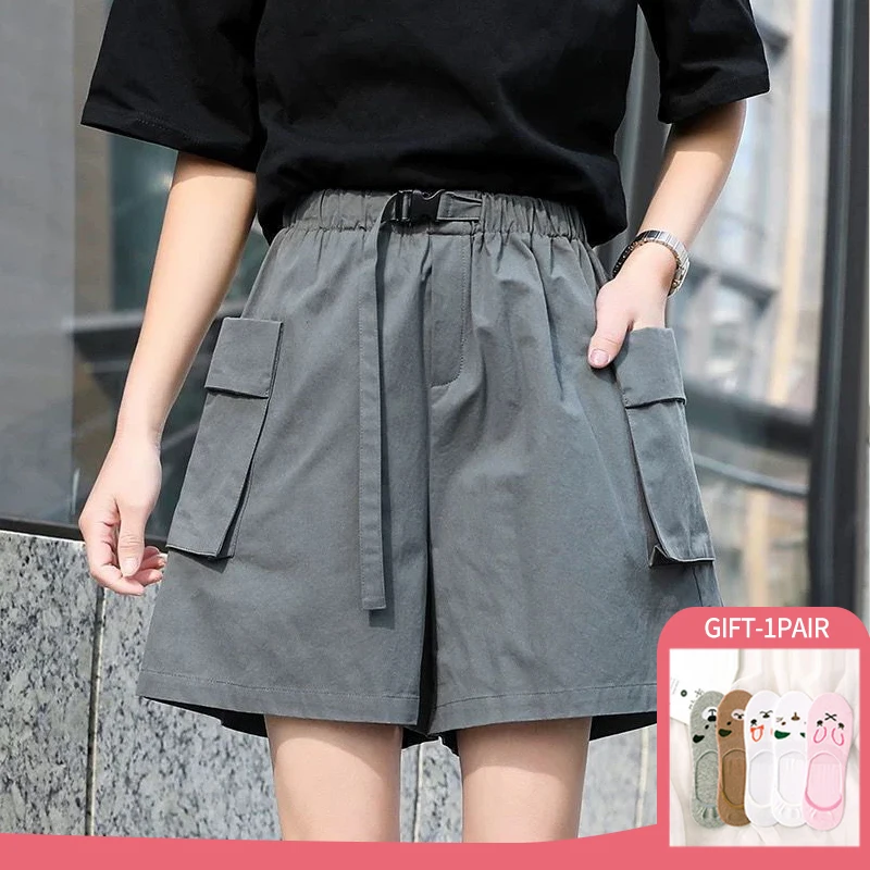

Summer Women Oversized Workwear Loose Shorts Solid Color Casual Pocket High Waist False Belt Shorts Five Point Tide With Gfts