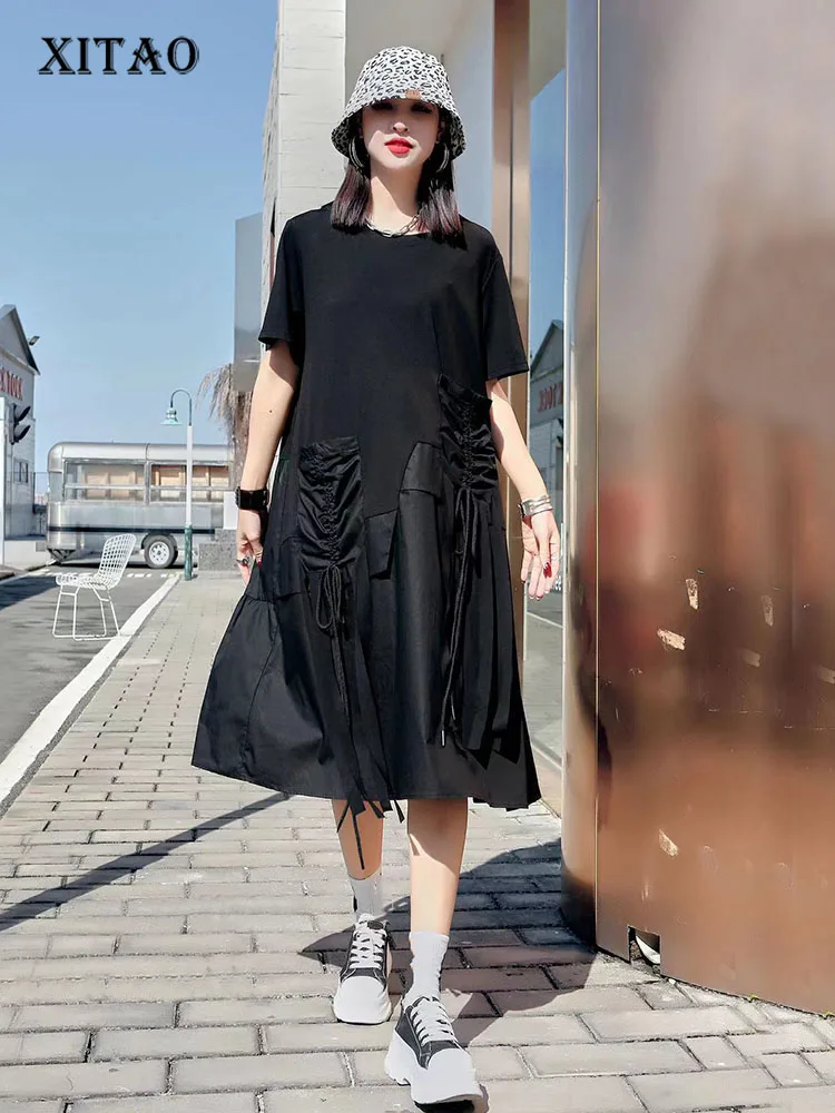 

XITAO Pleated Dress Elegant Pocket Goddess Fan Pullover Pocket Patchwork Small Fresh 2022 Summer Loose Dress Top WLD7164