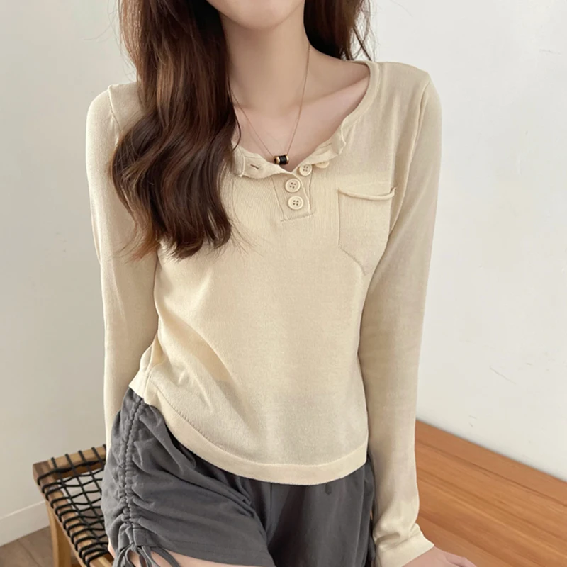 

Long Sleeve Tees Shirt Women Autumn 2021 Acrylic Pockets Crop Top T Shirt Femme Poleras Mujer Black Frivolous Thin Woman Tshirts