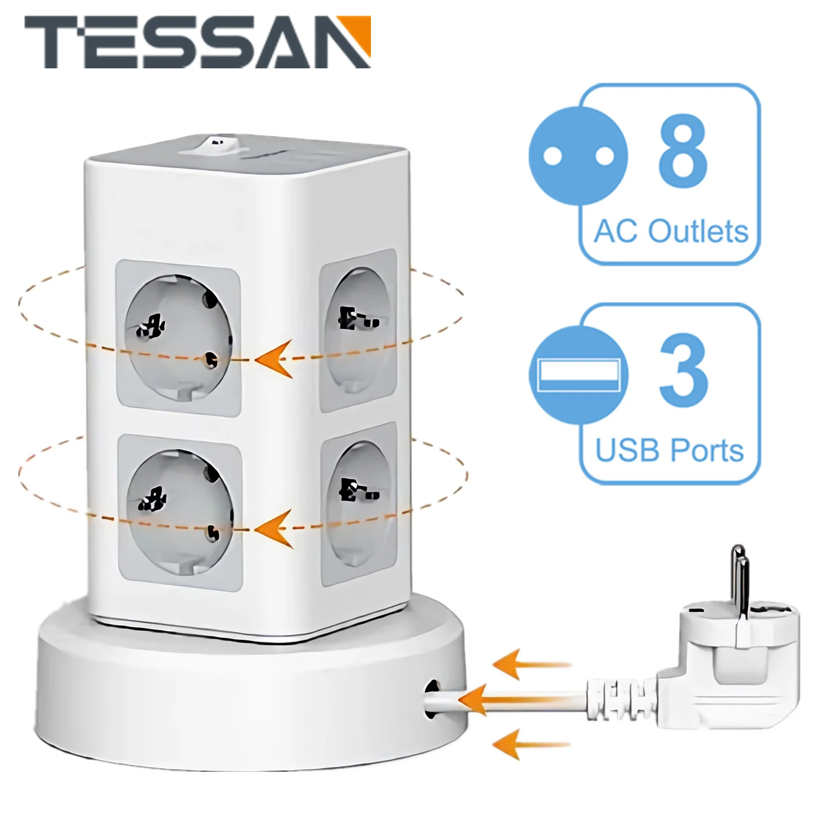 TESSAN Vertical Power Strip Tower Multi Outlets with USB, 2M Retractable Extension Cord, EU KR Plug Multi-tap Electric Socket