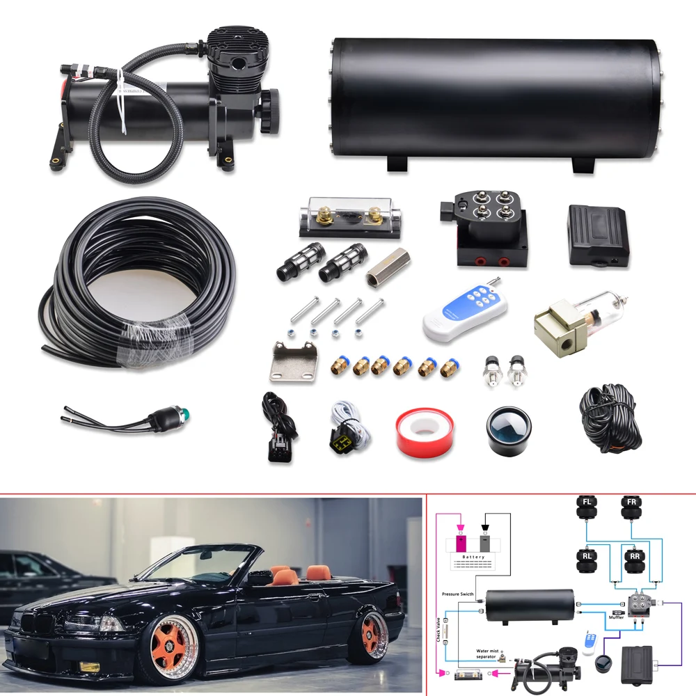 

Air Suspension Kit with 1.6 Gallon Air Tank ,200 PSI Air Compressor ,Dual Air Pressure Gauge ,One Click Down Remote Controller