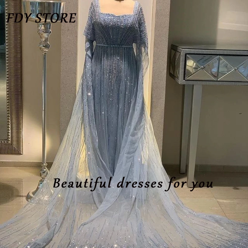 

FDY Store Prom Square Neckline Beaded Zipper Up Court Train A-line Evenning Ball-gown Dress Formal Occasion Party for Women