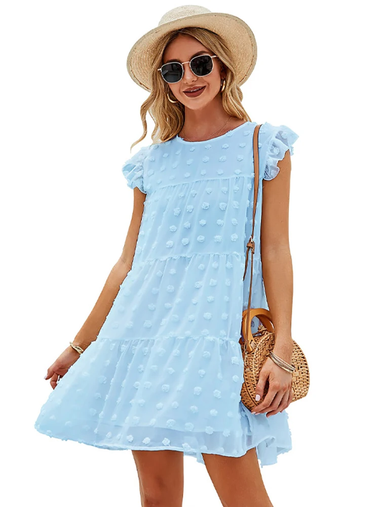 

Summer Mini Short Sleeve Loose Women Dress 2021 Fashion Style O Neck Jacquard Patchwork Solid Boho Beach Casual Dress Robe Femme