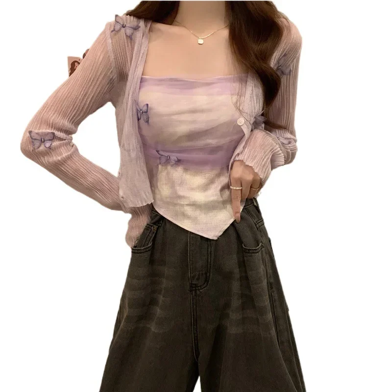 Летние сладости в корейском стиле вязаный кардиган с бабочками укороченная