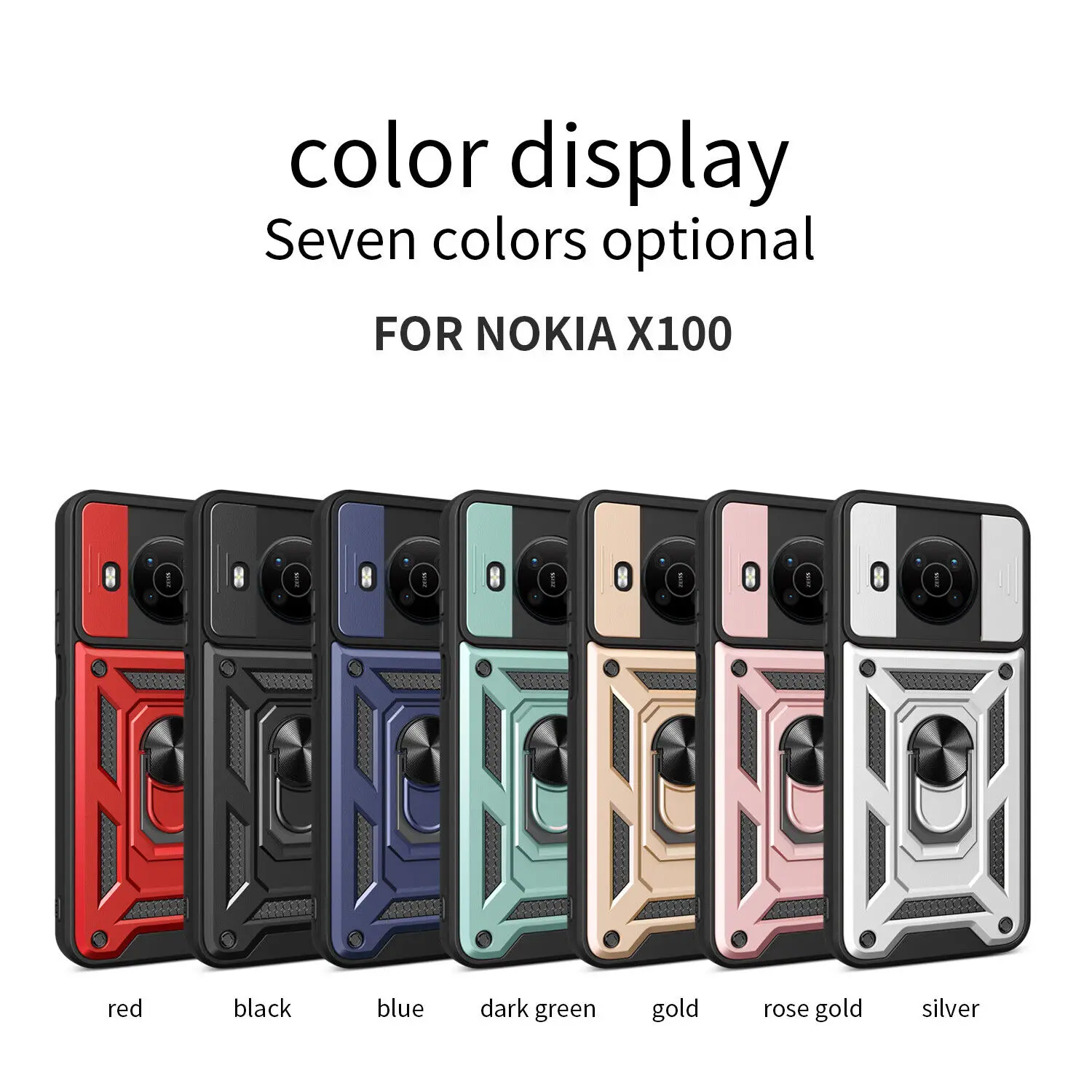 

For Nokia X100 Shockproof Case Ring Armor Magnetic Holder and Ring, Camera Protection Stand+Camera Lens Cover+Tempered Glass