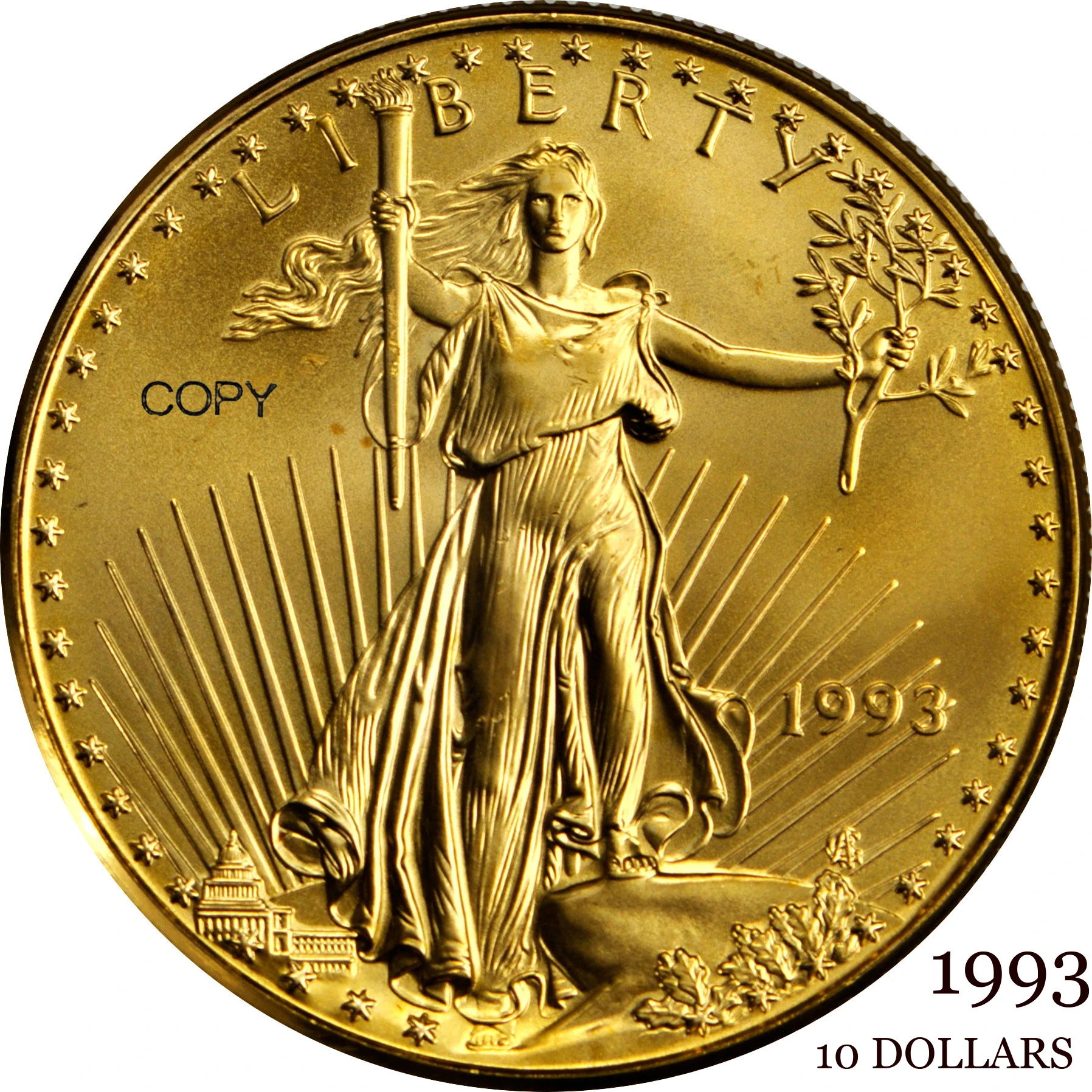United States US 1993 10 Ten Dollars Quarter Ounce  American Gold Eagle Bullion Coinage USA Liberty Gold Brass Metal Copy Coin